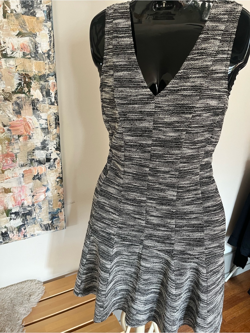 Sleeveless Black and White Textured V-Neck Dress